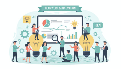 Fototapeta premium Vibrant flat illustration depicting a dynamic business meeting focused on teamwork and innovation, with diverse professionals collaborating around a large screen displaying charts and graphs