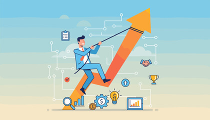 Vibrant vector illustration depicting a determined businessman in a blue suit climbing an upward trending orange arrow, symbolizing career advancement and financial growth, surrounded by business