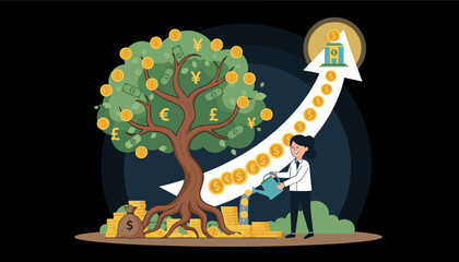 Conceptual vector illustration depicting financial growth and investment success, featuring a flourishing money tree laden with diverse currency symbols and banknotes, a businesswoman watering it