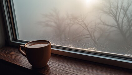 Resting ceramic coffee mug sitting on wood windowsill with frosted glass and bare trees, copy space