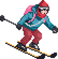 pixel illustration of skier wearing winter outfit