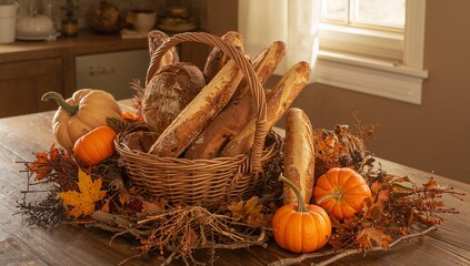 Presenting wicker basket overflowing with baguettes, loaves in kitchen, with pumpkins, berry sprigs