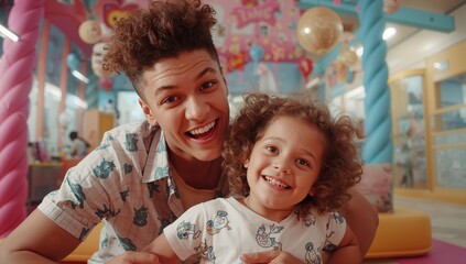 Smiling father and daughter leaning forward in kids play center, with twisted pillars and lights