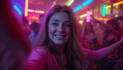 Smiling woman holding smartphone for selfie at nightclub bar, with neon tubes and plastic cups