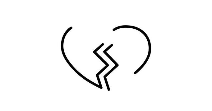 Cracked heart icon animated with trim path with alpha channel. Ideal for heartbreak, emotional stories, or breakup themes.