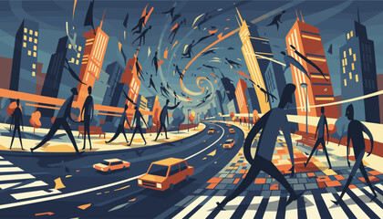 Dynamic abstract urban scene depicting stylized figures in motion, walking briskly across a crosswalk amidst towering, colorful skyscrapers, with a swirling vortex of silhouetted people and abstract