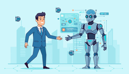 A smiling businessman in a blue suit shakes hands with a futuristic robot, symbolizing the integration of artificial intelligence and technology in the modern business world, with small helper bots