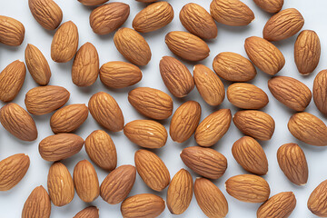 Pile of almonds scattered on a white surface