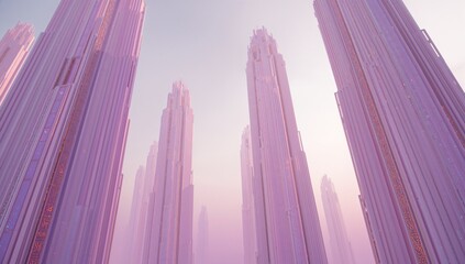 Revealing futuristic city skyline with pastel pillars rising in misty haze, reflective surfaces