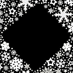 Christmas white snowflake, star, berry decorations, decorative border on black background. Festive design for Xmas holiday season.