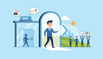 Concept of career transition and change of job, a businessman walks through an open door from a modern office building towards a bright future with new opportunities and successful teamwork