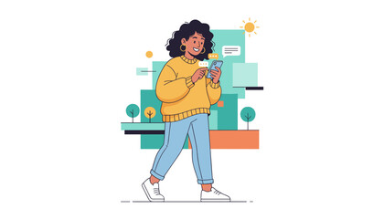 Cheerful multiethnic woman with curly dark hair, wearing a yellow sweater and blue jeans, walks outdoors while actively messaging on her smartphone, with abstract geometric shapes, trees, and a sun