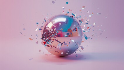 Shattering reflective chrome sphere throwing metallic shards against pastel pink backdrop