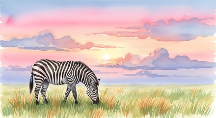 Zebra Grazing at Sunset - Watercolor Wildlife Art.