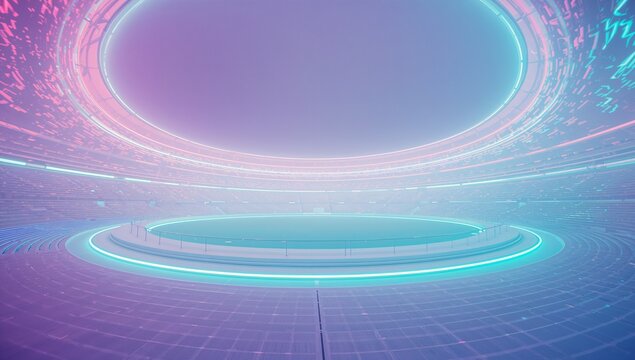 showcasing stage glowing within futuristic arena, with neon rings, grid floor, railings and seating
