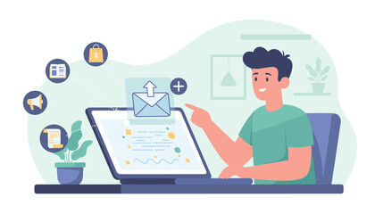 Vivid illustration of a man interacting with a laptop, symbolizing email marketing and newsletter subscriptions. Icons representing shopping, news, megaphone, and documents float around, connected by