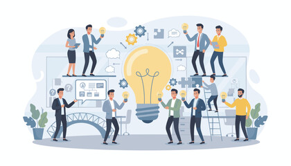 Diverse team of professionals collaborating and exchanging innovative ideas around a giant glowing lightbulb, symbolizing creativity, teamwork, and smart thinking in a modern office setting, business