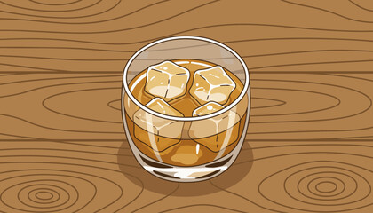 A refreshing glass of amber whiskey filled with ice cubes, presented on a warm, textured wooden background, evoking a sense of relaxation and classic enjoyment, perfect for bar or beverage-themed