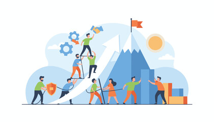 Goal-focused teamwork and motivation leading to success, depicted as a team climbing a mountain with a flag at the summit, symbolizing achievement and progress, with gears and a handshake