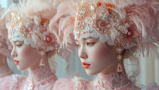 Posing model donning pink lace top and ornate feathered headpiece in softly lit studio, mirror - Powered by Adobe