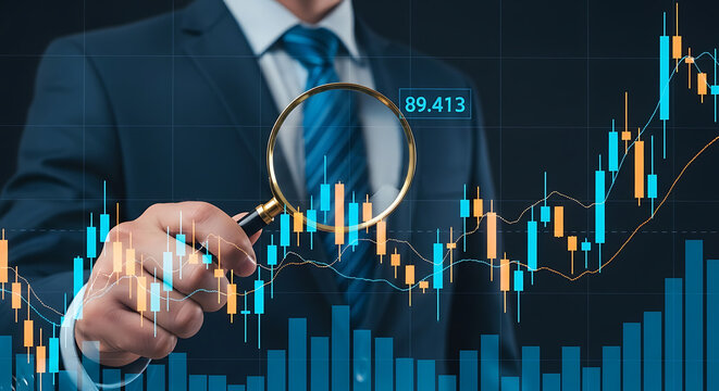Stock market analysis with magnifying glass and candlestick chart