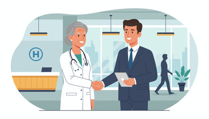 Elderly female doctor in white coat with stethoscope shakes hands with a smiling businessman in a suit holding a tablet, symbolizing healthcare partnership and medical business collaboration in a