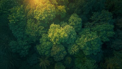 Revealing continuous tree crowns covering tropical canopy from drone, with sunlit foliage and ferns