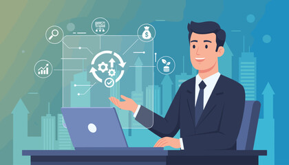 Business professional presenting a process management concept with optimization and operational efficiency icons, symbolizing growth, analysis, and financial success against a cityscape backdrop