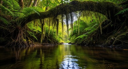Obraz premium Lush green ferns and moss-covered tree branches create a serene scene over a gently flowing stream.