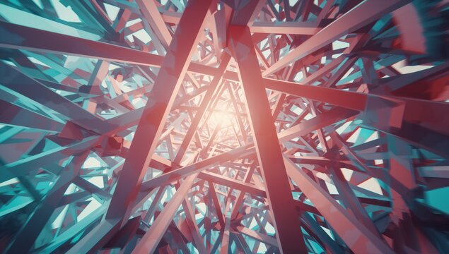 Showing metallic lattice framework converging toward glowing light at core, with steel girders - Powered by Adobe
