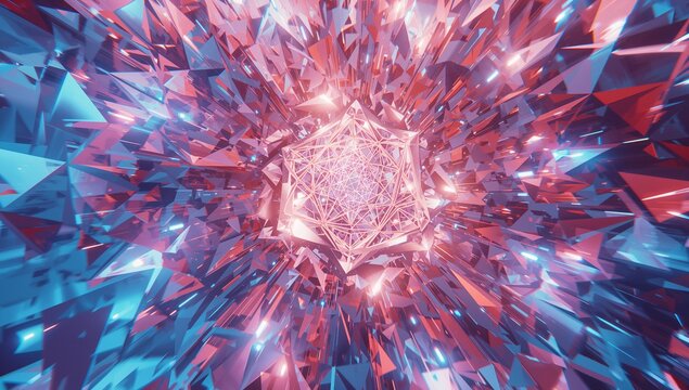 Radiating glowing polyhedron releasing blue magenta shards in digital void, crystalline burst