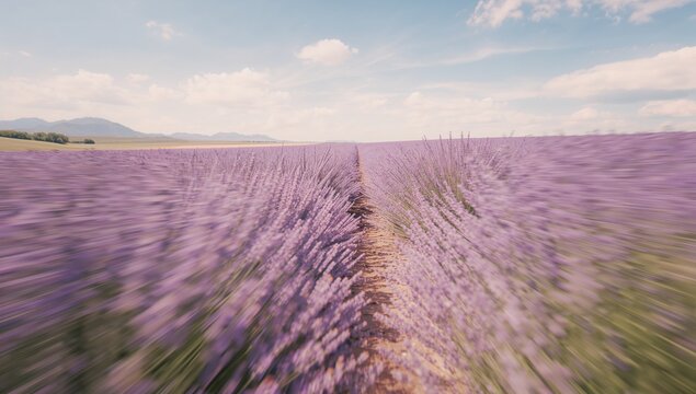 Running narrow dirt pathway through rural lavender farm, with rows of lavender plants - Powered by Adobe