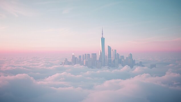 Showcasing skyscrapers rising above cloud layer in pastel sunrise sky, with central spire tower