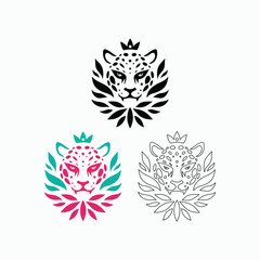 Crowned leopard head vector set in decorative tribal style