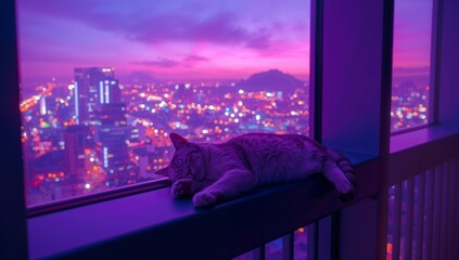 Lying grey tabby cat stretching on narrow glass window ledge in urban loft, with cityscape glow