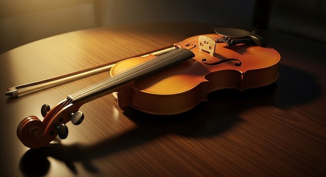 Violin and Bow Resting on Wooden Surface in Warm Light.