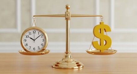 A balanced scale features a gold clock on one side and a gold dollar sign on the other side.