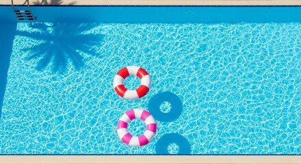 Aerial view showcases two colorful inflatable rings floating in a serene, shimmering swimming pool.