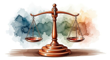 Watercolor scales of justice artfully balances on a tiered stand, evoking equilibrium and fairness.
