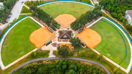 Drone view of softball fields at a Clearwater, Florida sports complex