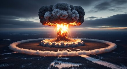 Gigapixel rendering displays mushroom cloud over vast forest landscape with a ring of smoke at base.