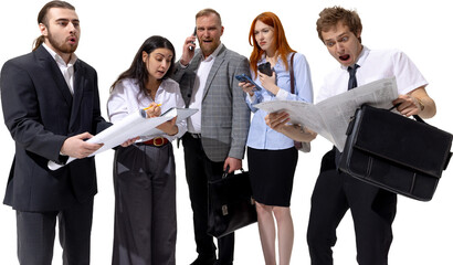 Business team reacting with shock to bad news in corporate environment on transparent background. Concept of workplace stress, job loss, financial insecurity, company collapse and modern career