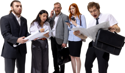 Business team reacting with shock to bad news in corporate environment on transparent background. Concept of workplace stress, job loss, financial insecurity, company collapse and modern career