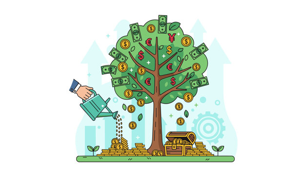 Conceptual illustration of financial growth and investment, depicting a flourishing tree laden with currency symbols like dollars, euros, and yen, with a hand watering it and coins cascading down