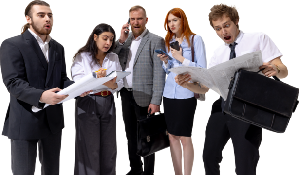 Business team reacting with shock to bad news in corporate environment on transparent background. Concept of workplace stress, job loss, financial insecurity, company collapse and modern career