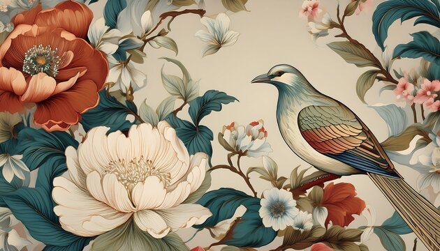 bloom vintage floral chinoiserie pattern spring flowers and birds muted colors