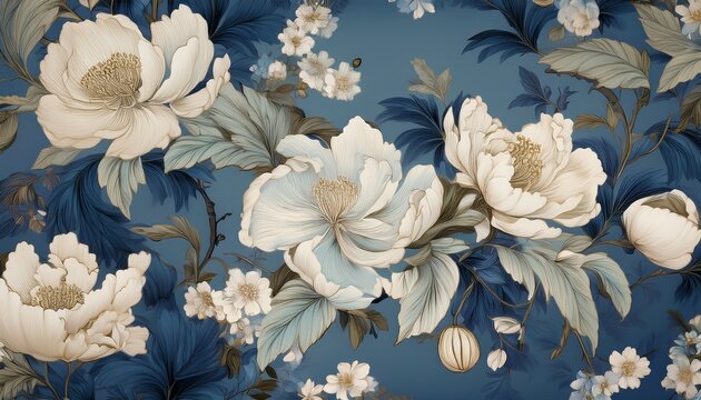 bloom of vintage floral seamless pattern spring flowers blue and white chinoiserie pattern muted tones textured wallpaper interior design background