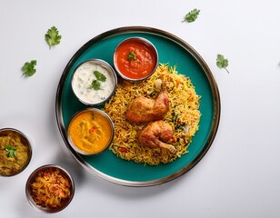 top view of biryani and chicken with side dishes and salsas on the side on a white background food advertising photography