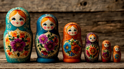 A set of wooden matryoshka dolls with colorful floral patterns on their bodies