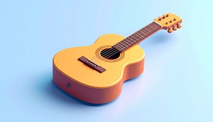 Acoustic guitar with a warm wooden finish resting on a light blue background.